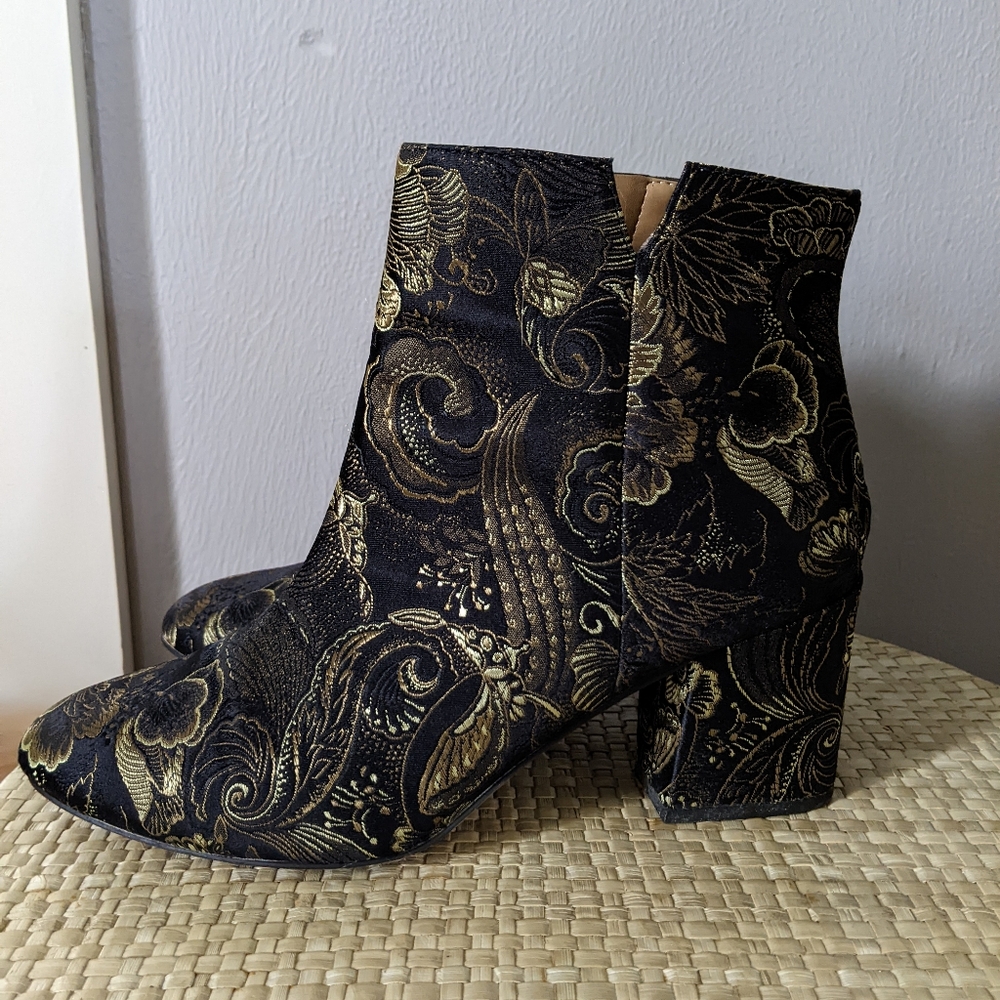 Embroidered gold brocade boots by Franco Sarto